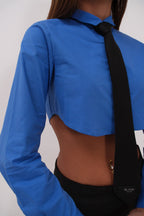 Cuff Detail Sax Blue Crop Shirt