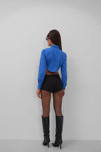 Cuff Detail Sax Blue Crop Shirt