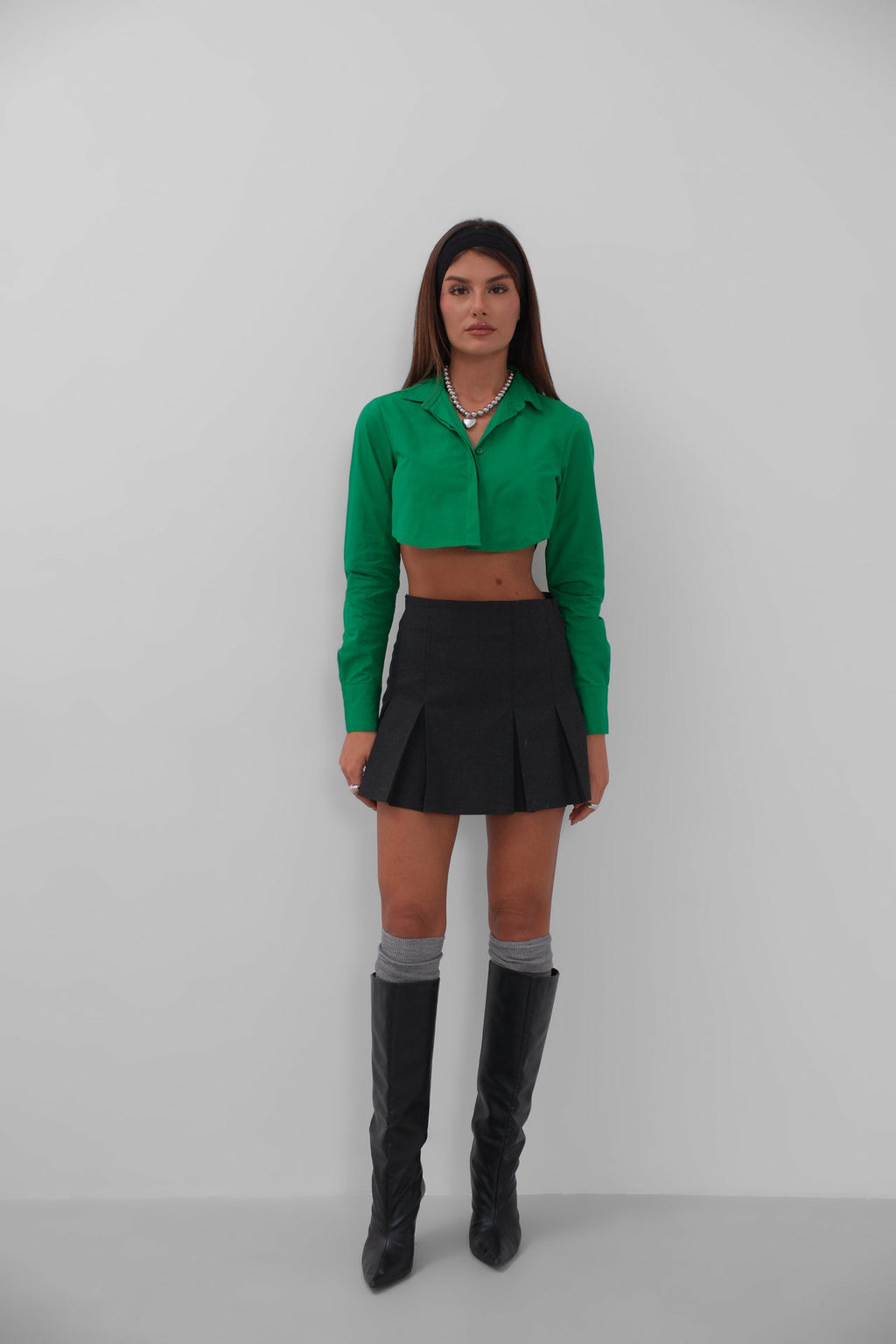 Cuff Detay Green Crop Shirt