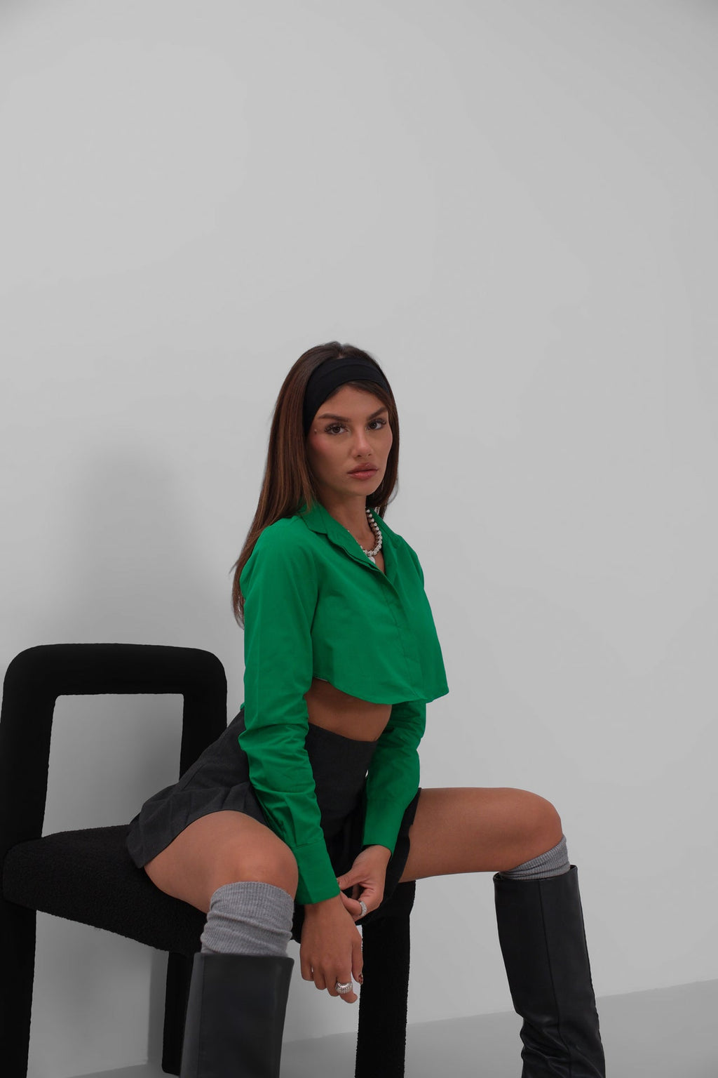 Cuff Detay Green Crop Shirt