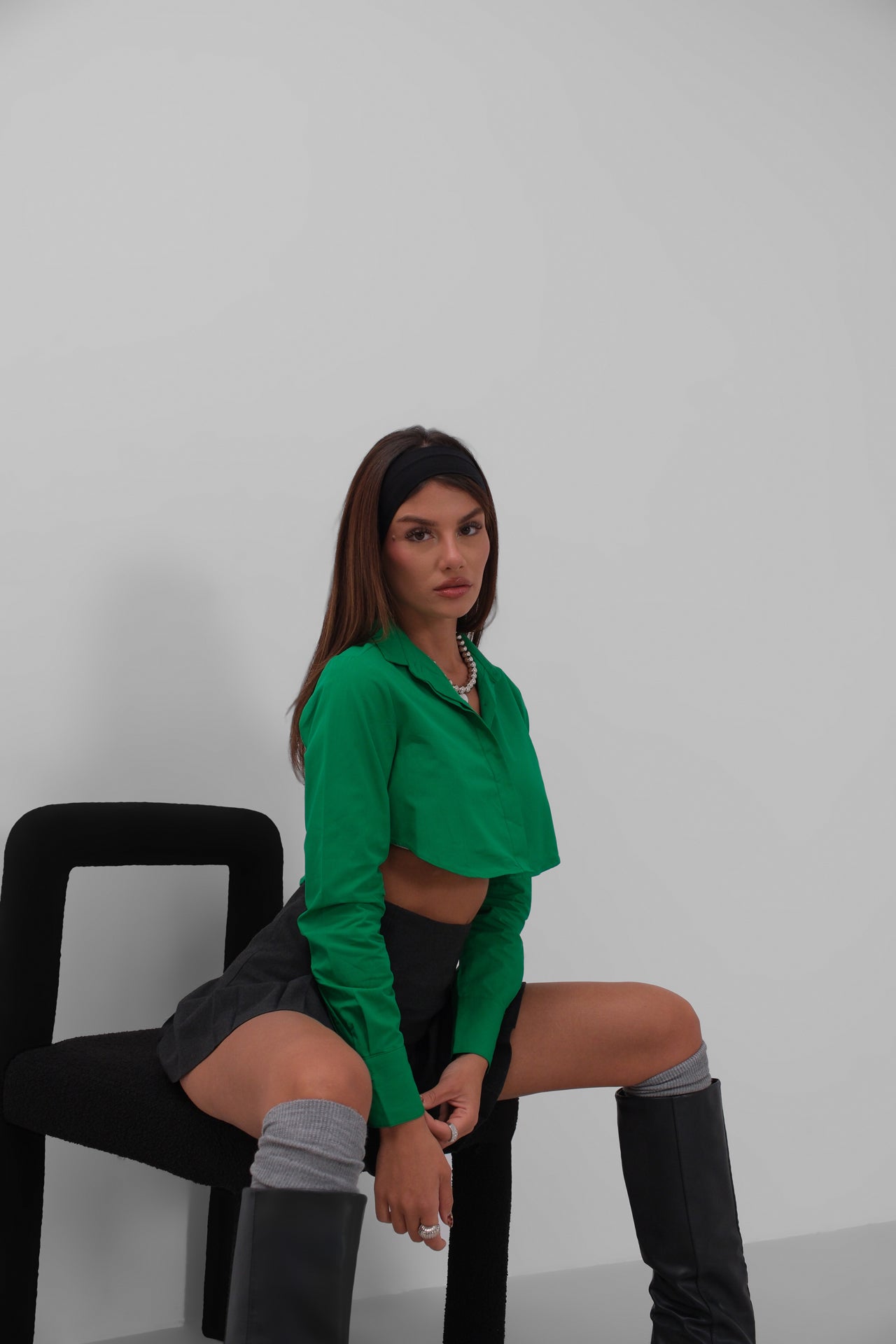Cuff Detay Green Crop Shirt