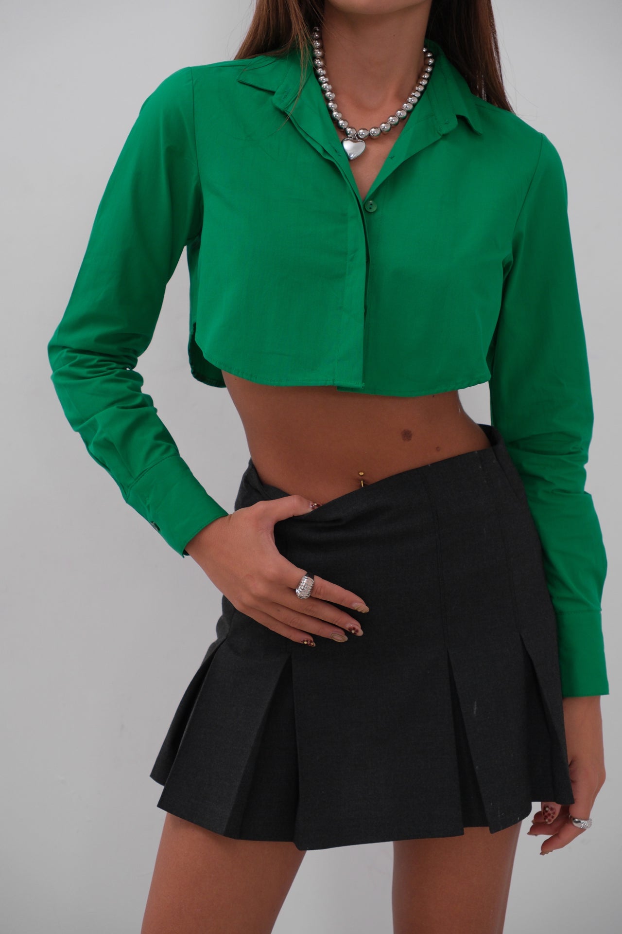 Cuff Detay Green Crop Shirt