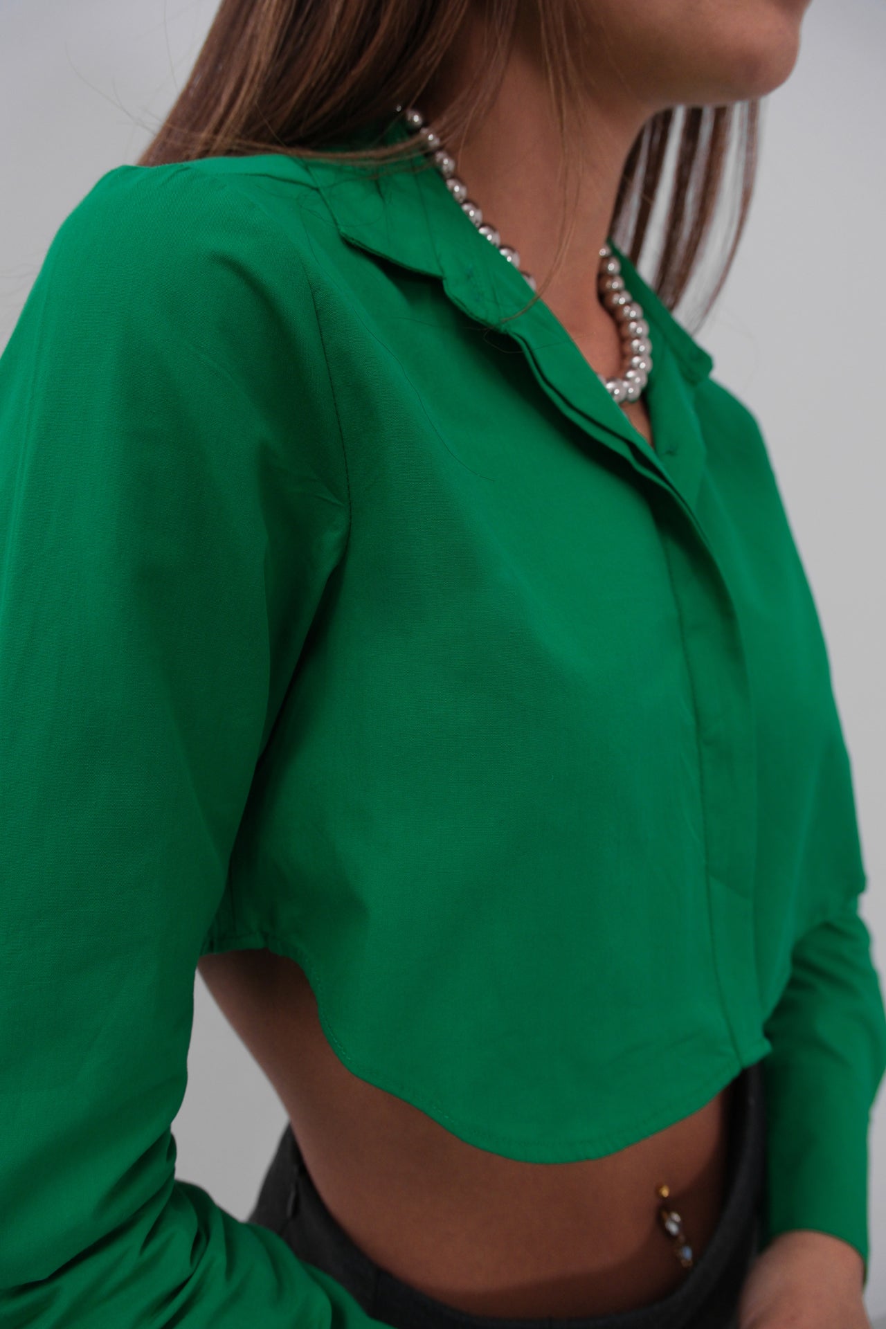 Cuff Detay Green Crop Shirt