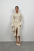 Cuffed Button Detail Beige Knit Dress