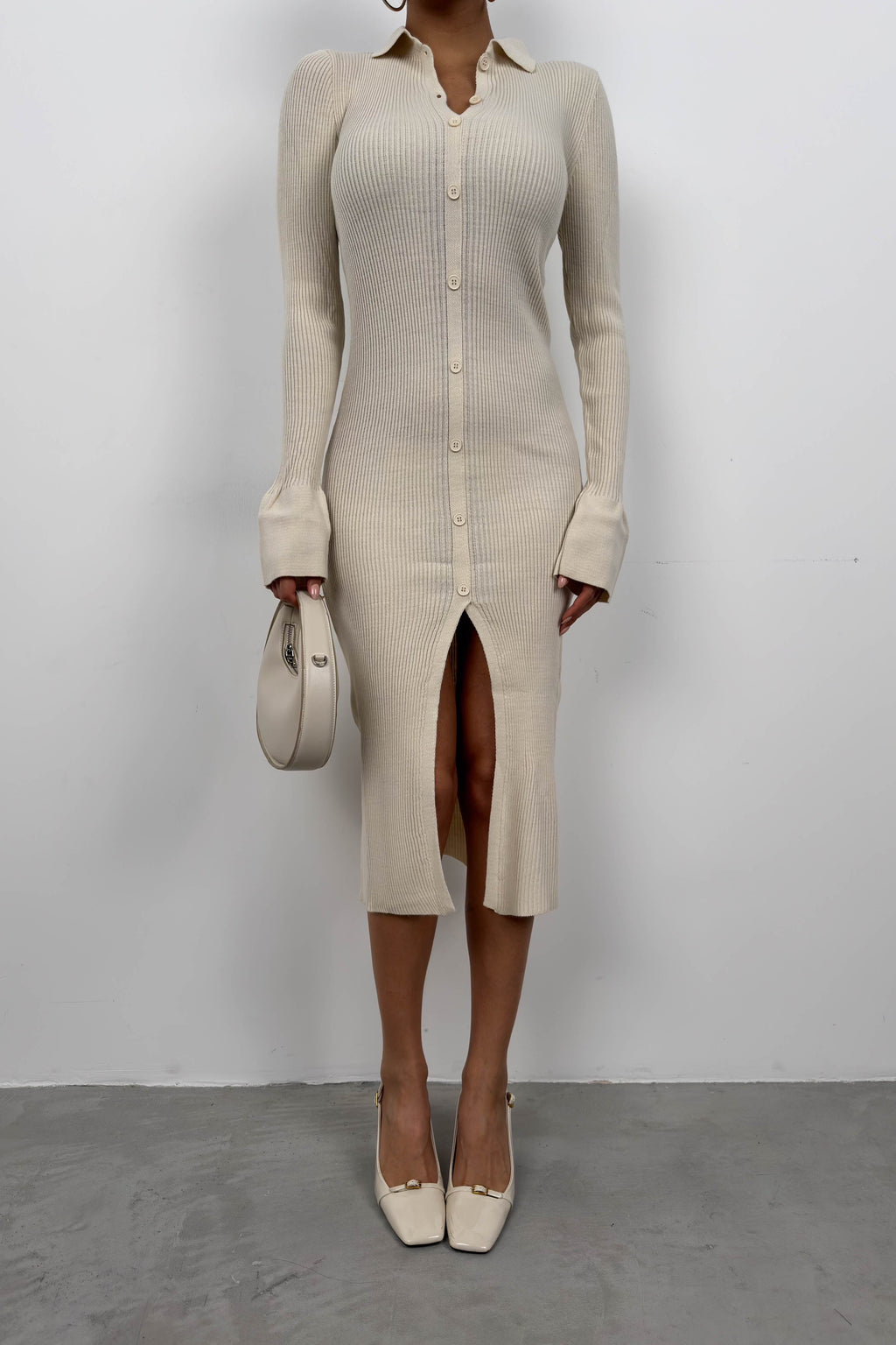 Cuffed Button Detail Beige Knit Dress