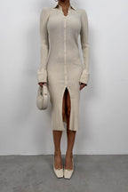 Cuffed Button Detail Beige Knit Dress