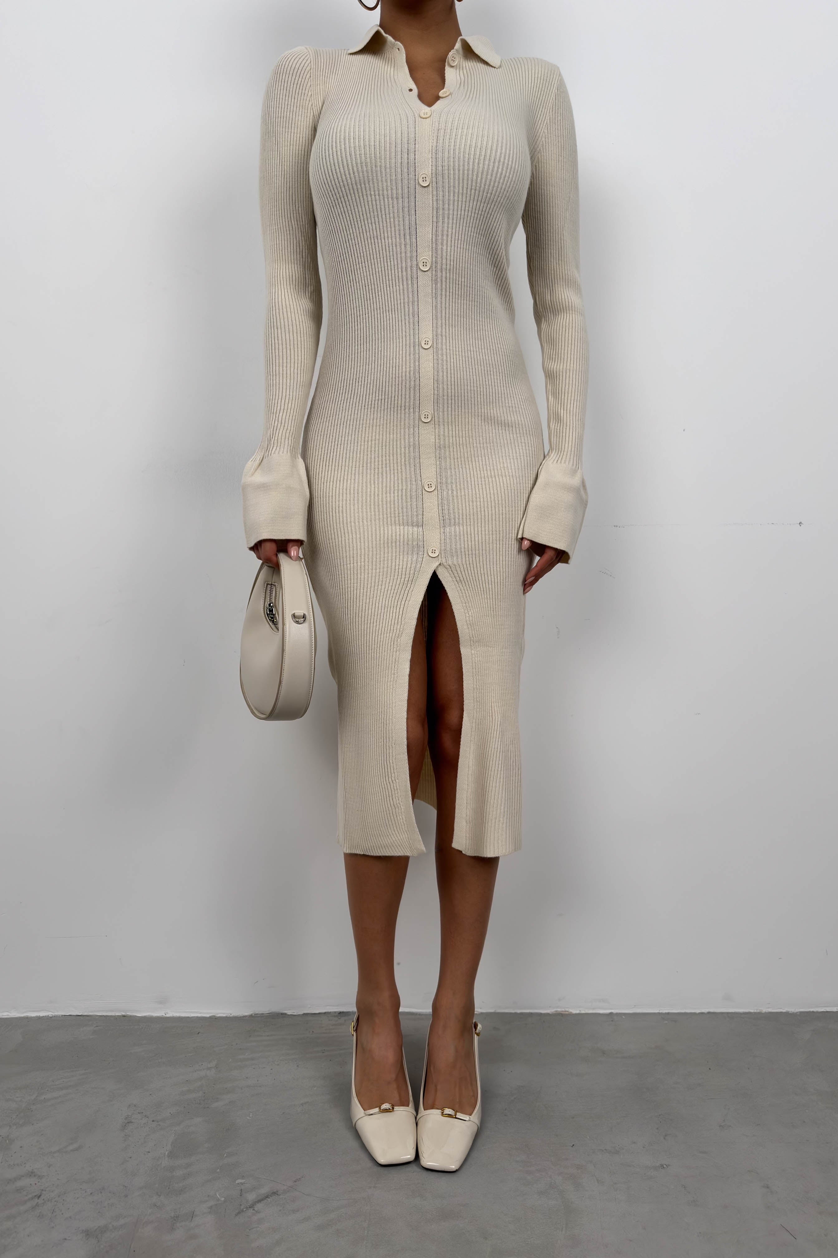 Cuffed Button Detail Beige Knit Dress