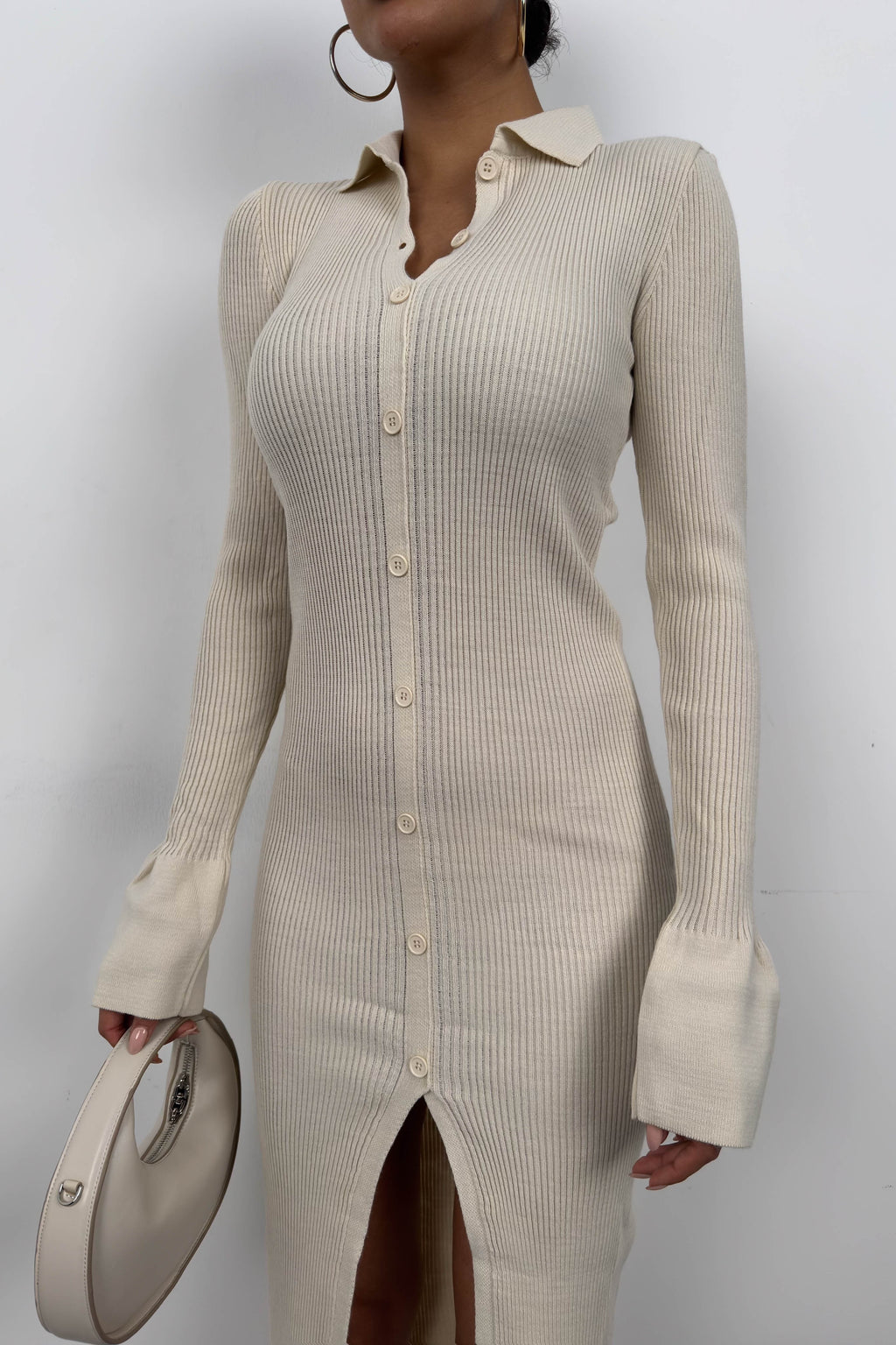 Cuffed Button Detail Beige Knit Dress