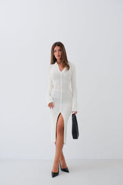 Cuffed Button Detail Ecru Knit Dress