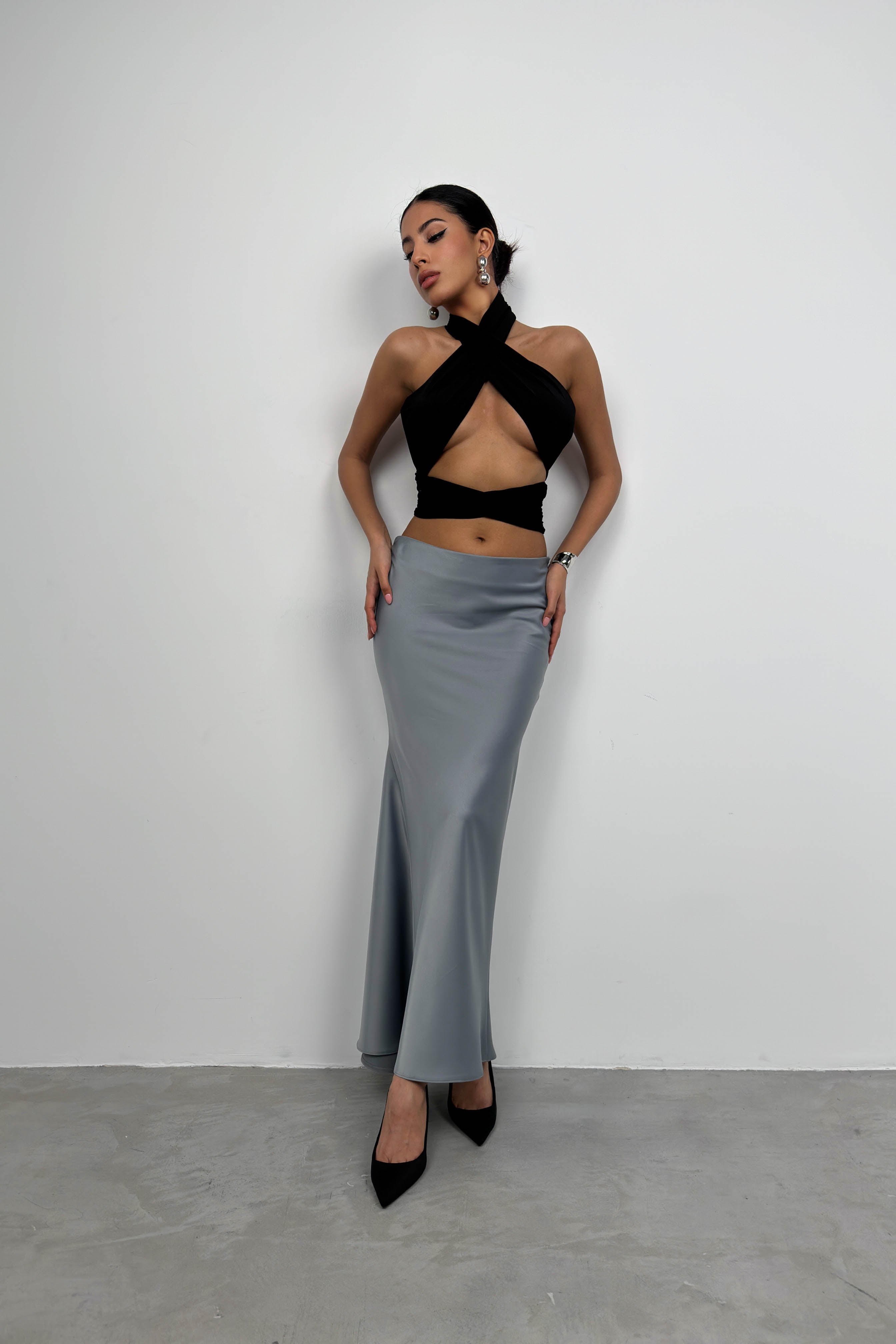 Maxi Length Satin Gray Skirt