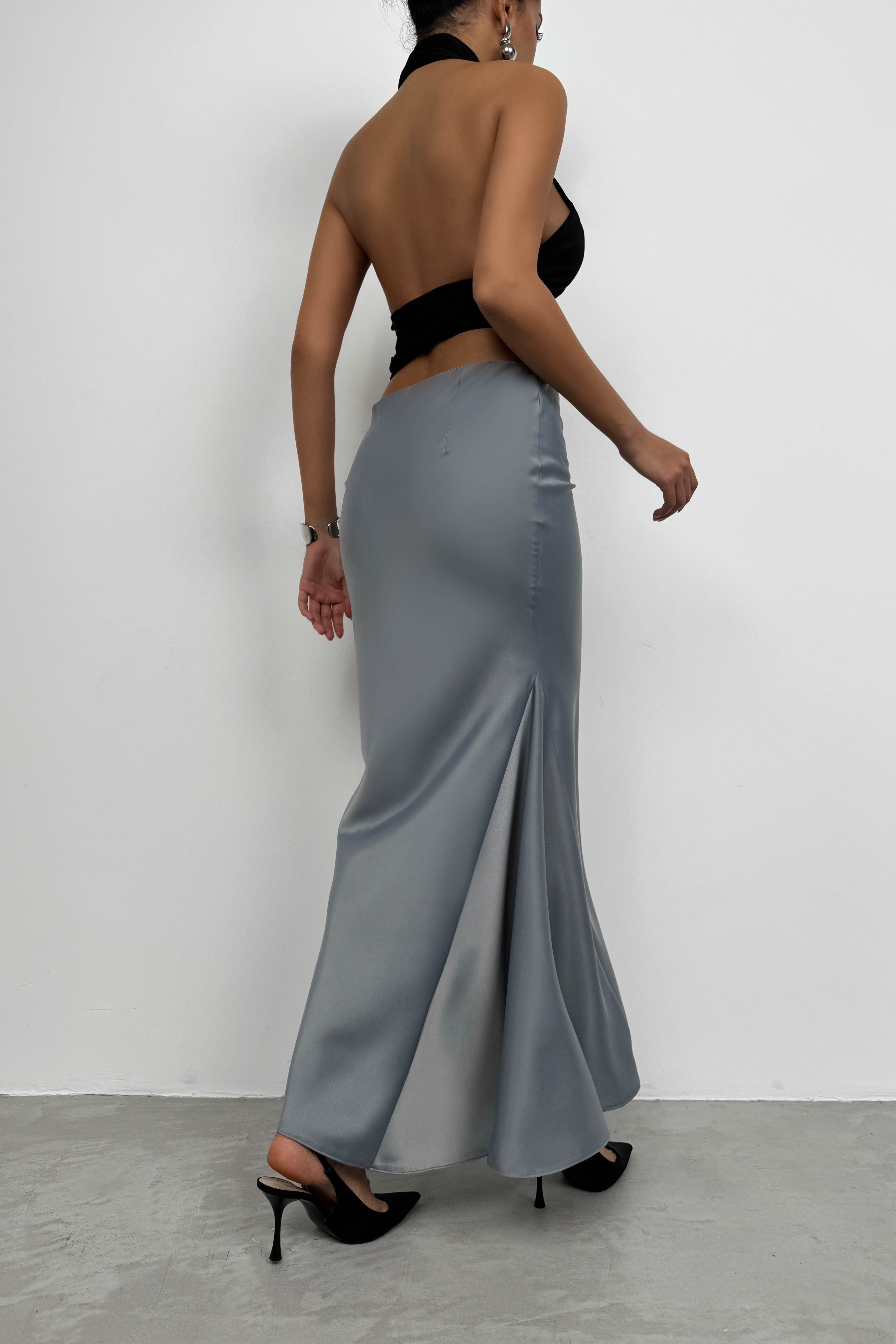 Maxi Length Satin Gray Skirt