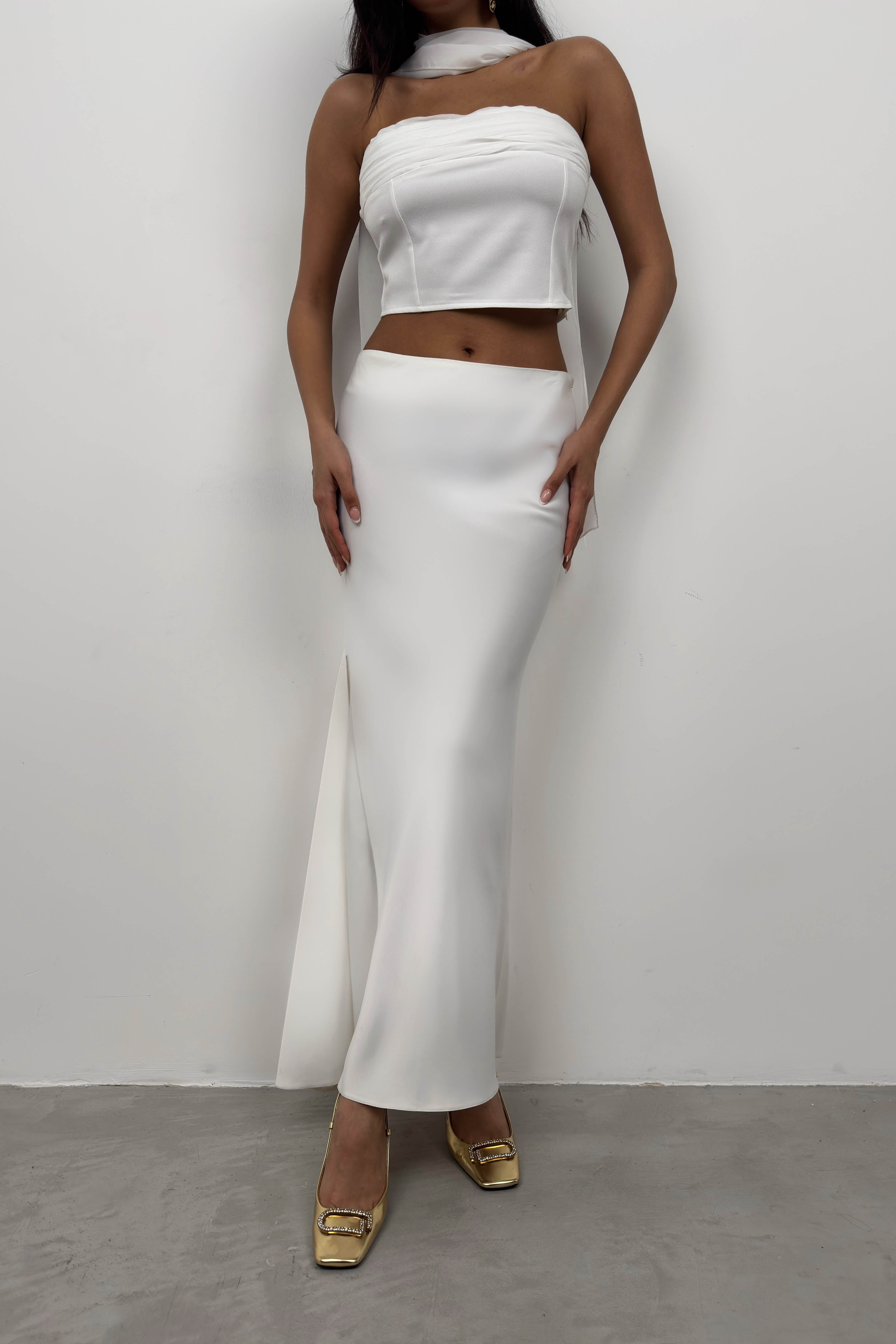 Maxi Length Satin Ecru Skirt