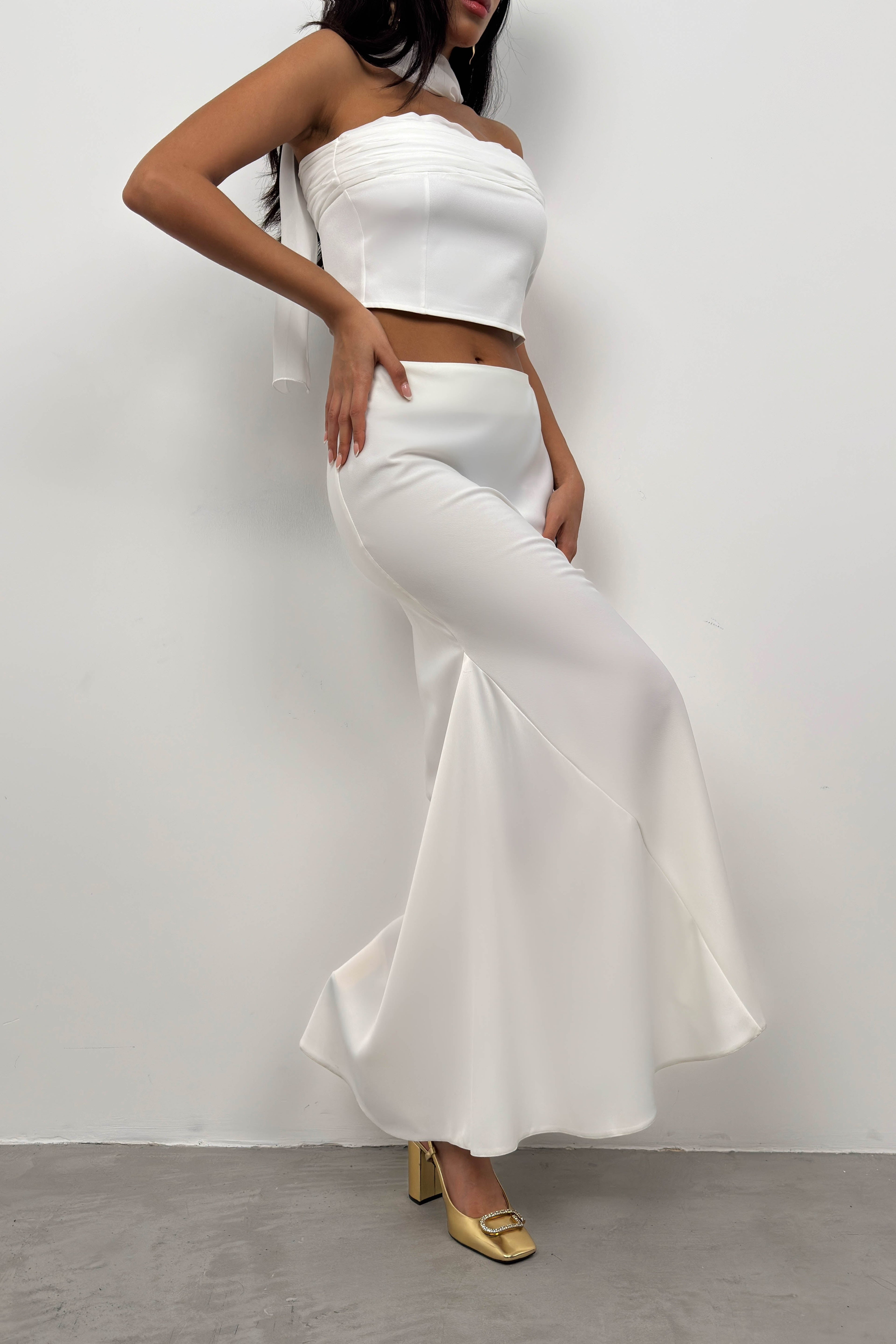 Maxi Length Satin Ecru Skirt