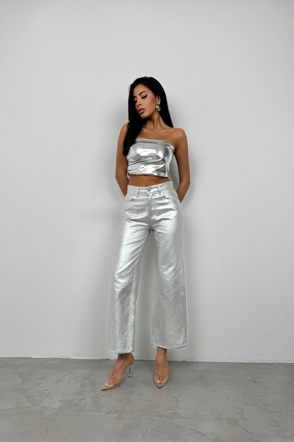 Metallic Silver High-Waist Pants