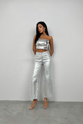 Metallic Silver High-Waist Pants