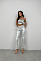 Metallic Silver High-Waist Pants