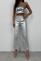 Metallic Silver High-Waist Pants