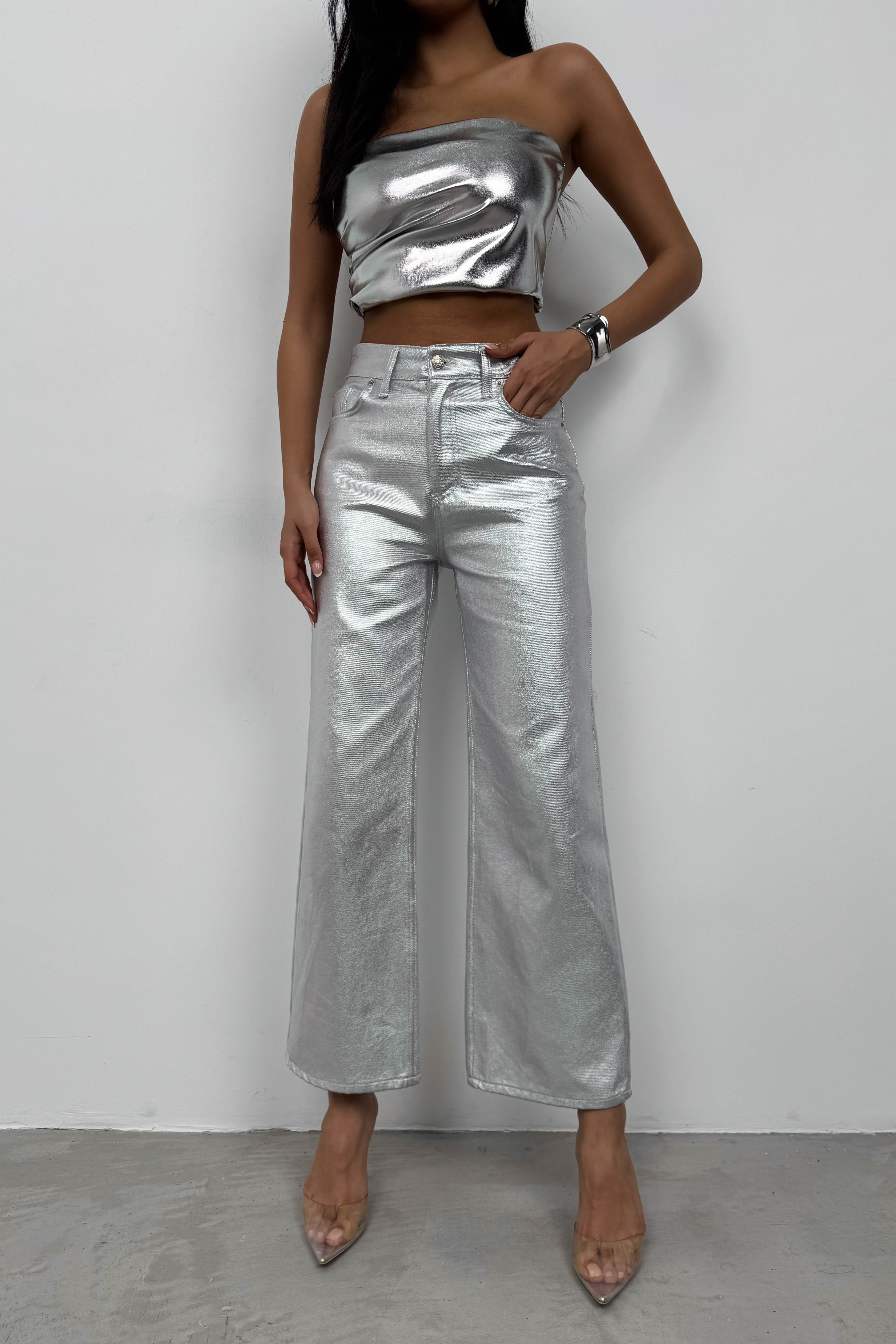 Metallic Silver High-Waist Pants