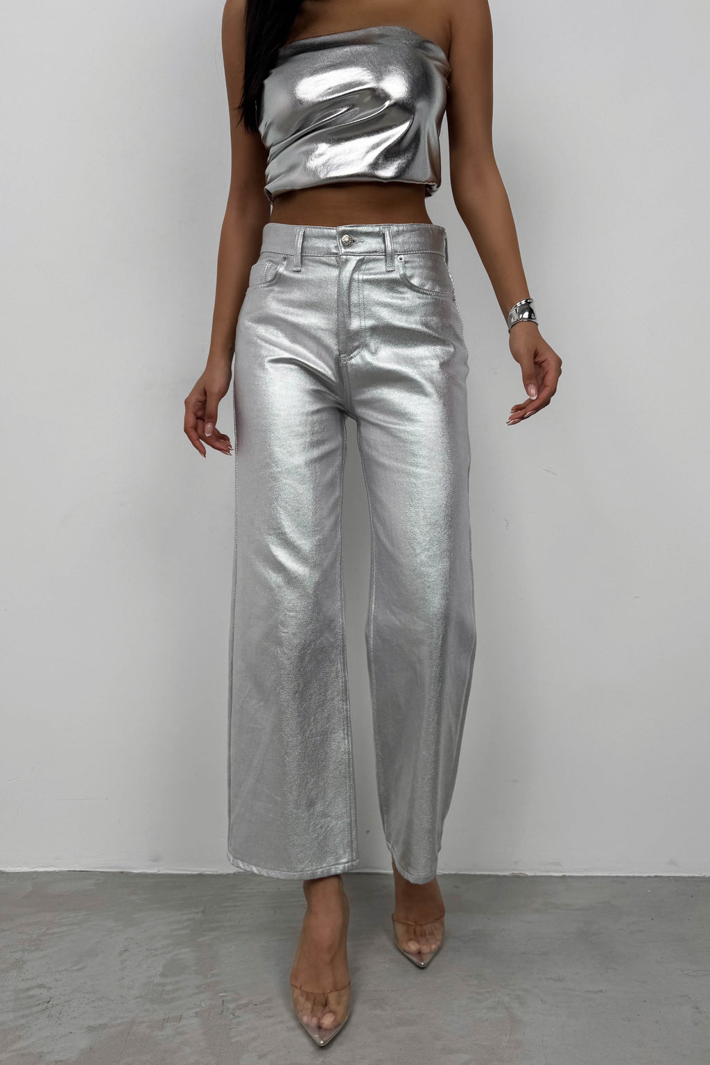 Metallic Silver High-Waist Pants