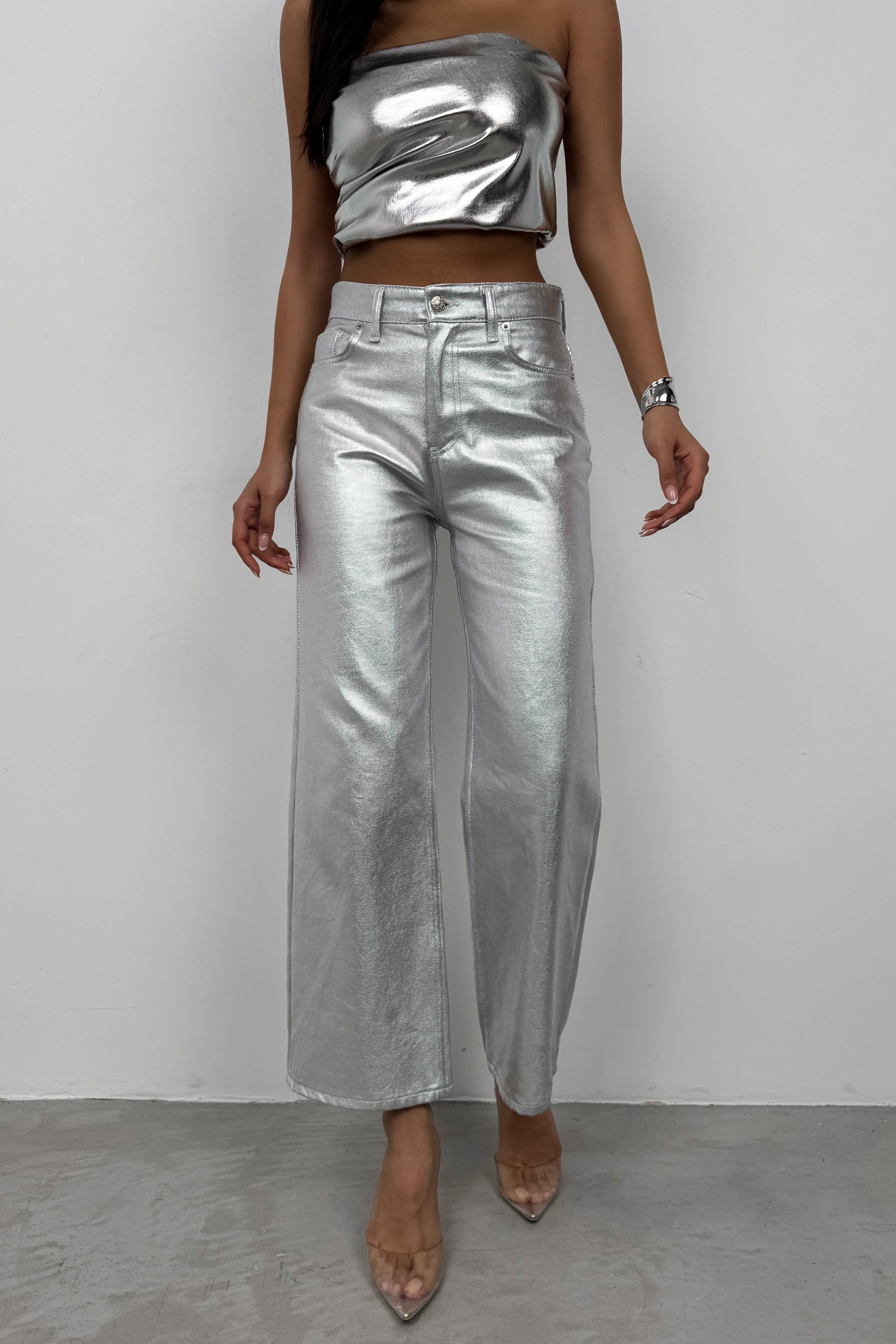 Metallic Silver High-Waist Pants