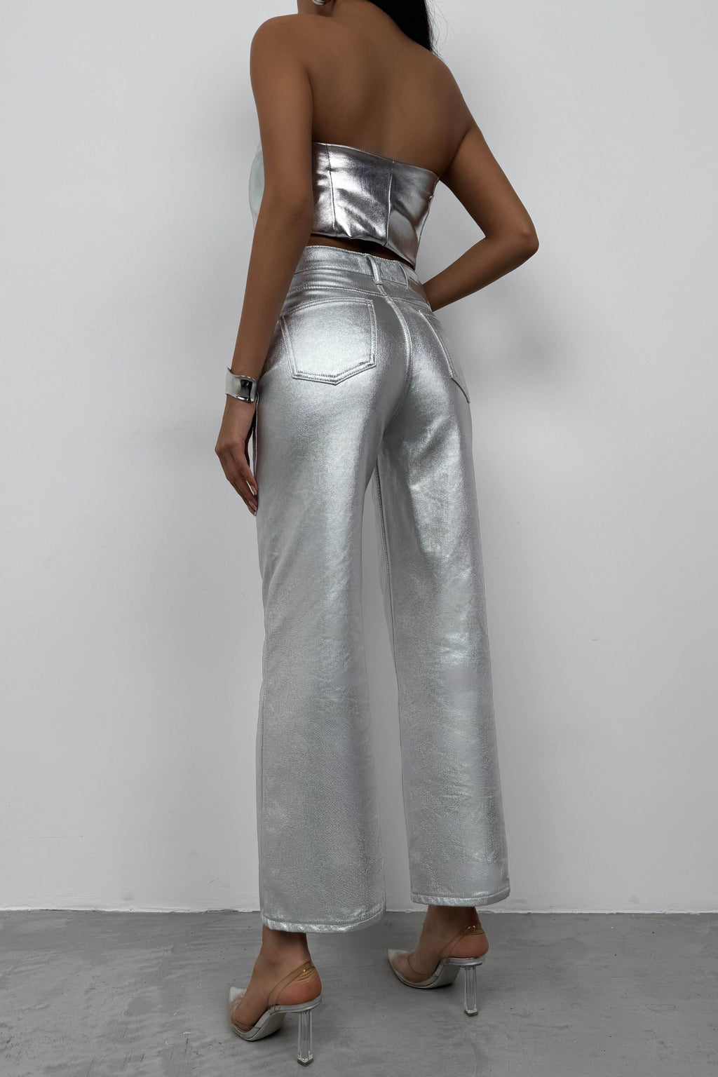 Metallic Silver High-Waist Pants