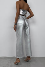 Metallic Silver High-Waist Pants