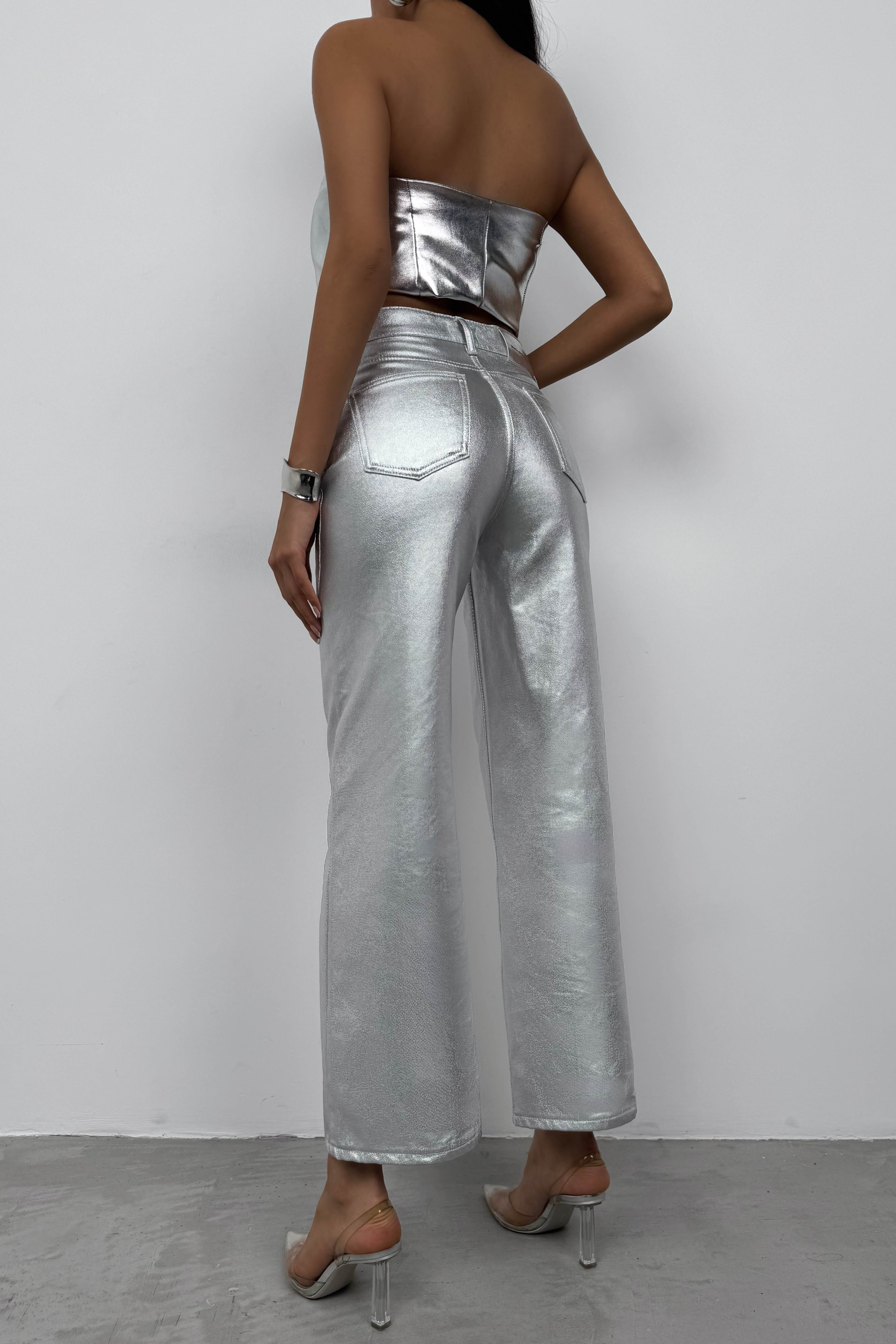 Metallic Silver High-Waist Pants