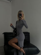 Midi Length Deep Slit Gray Dress