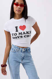 Embroidery Detail Printed Crop White T-Shirt