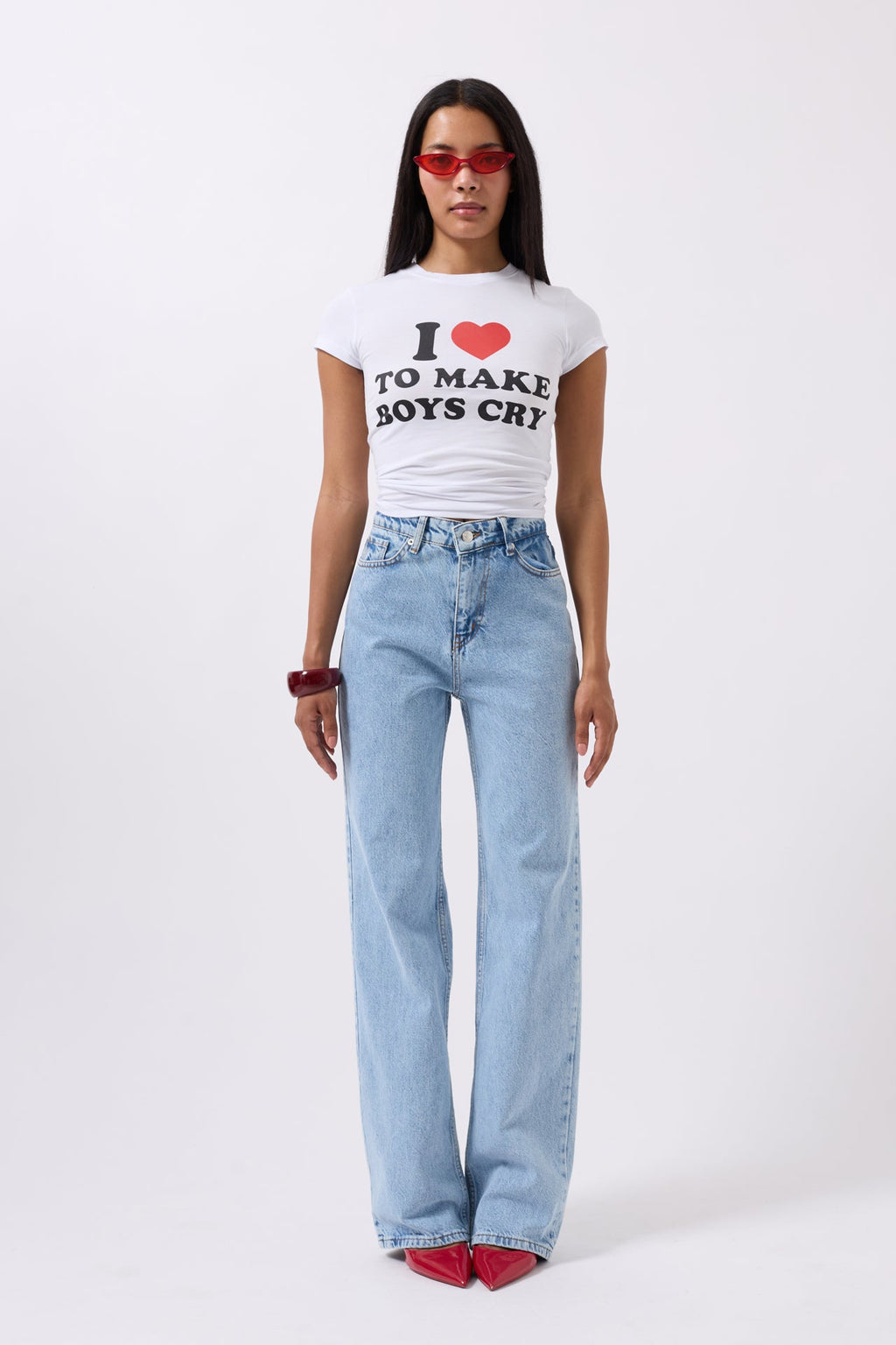 Embroidery Detail Printed Crop White T-Shirt