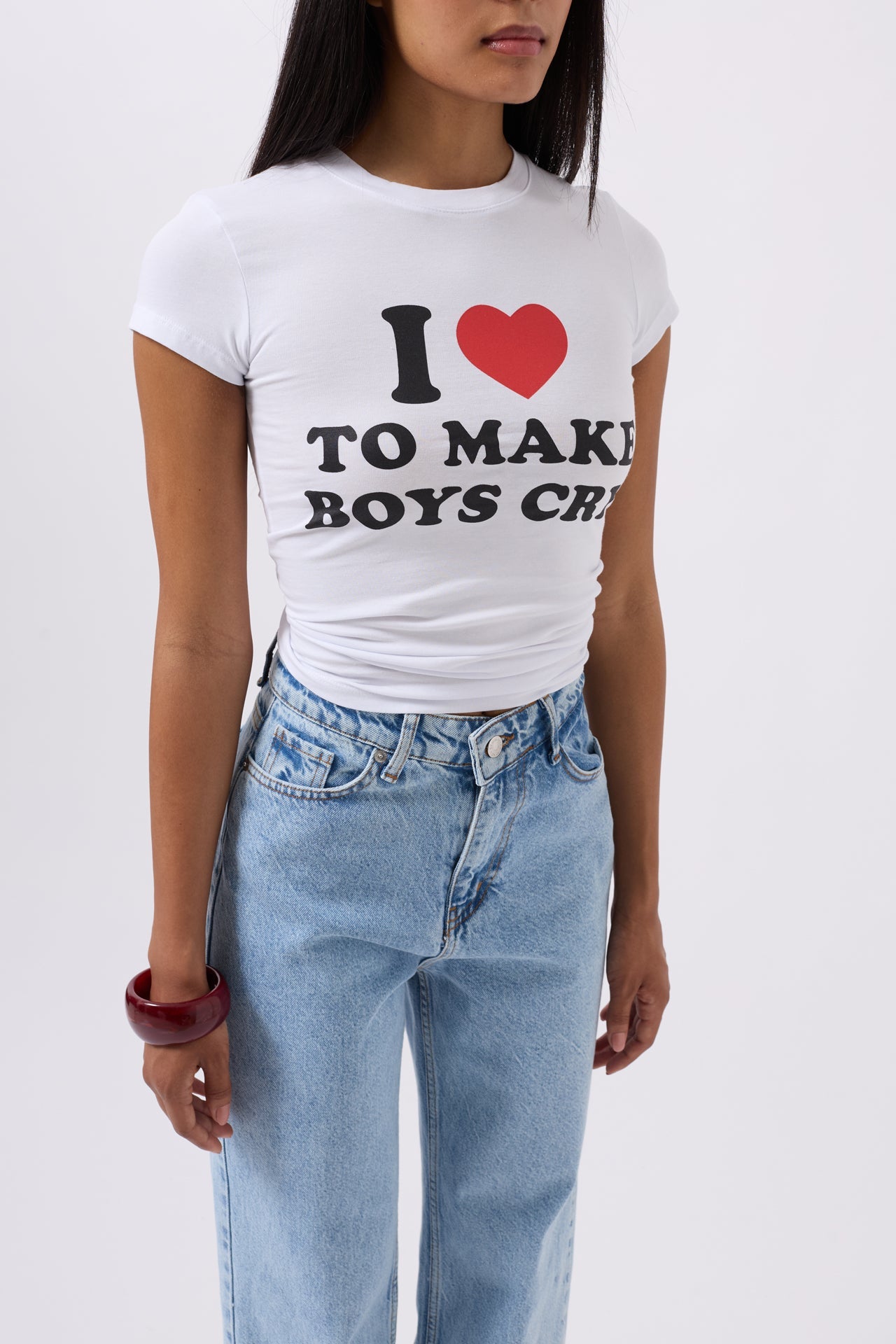 Embroidery Detail Printed Crop White T-Shirt