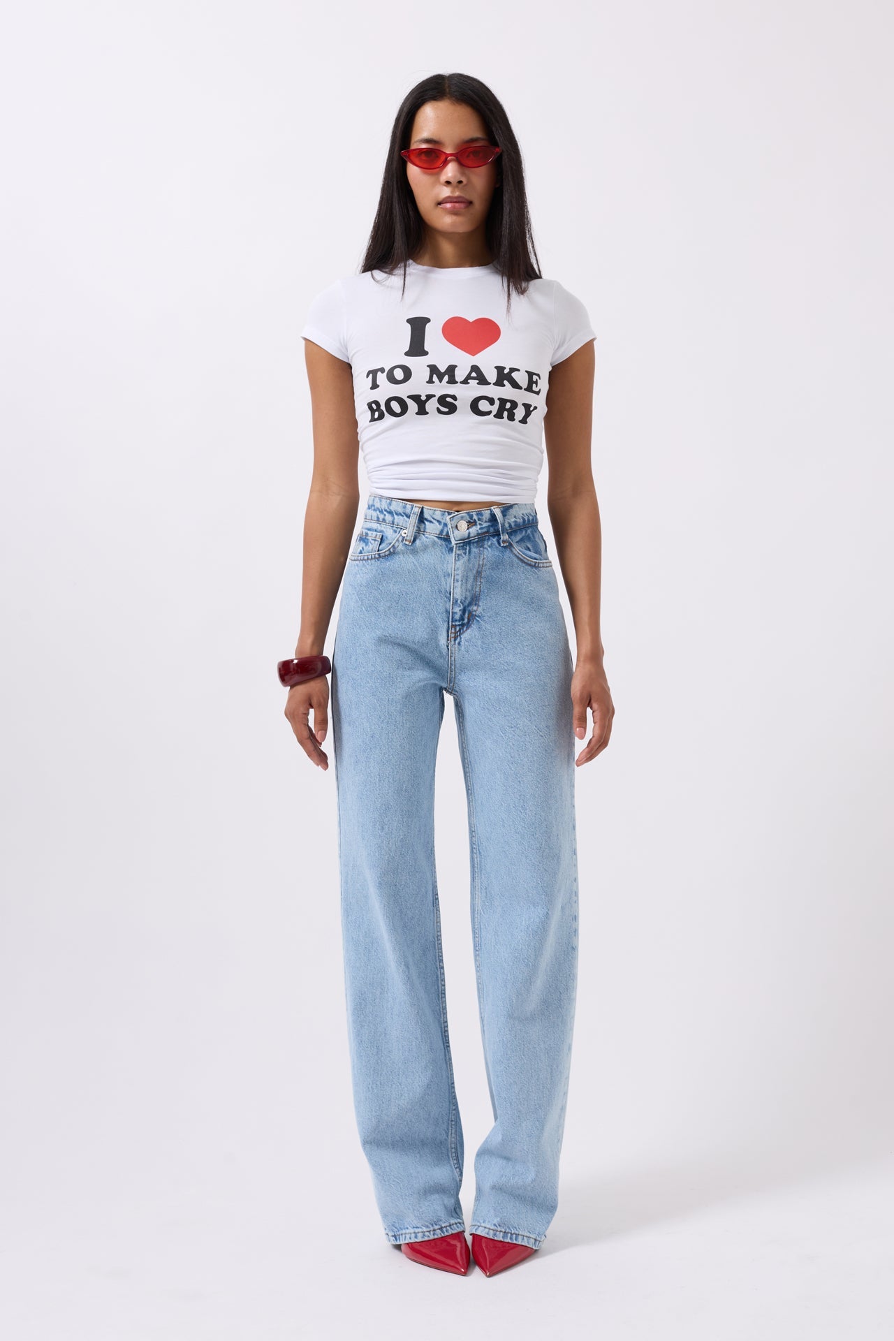 Embroidery Detail Printed Crop White T-Shirt