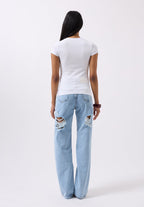 Embroidery Detail Printed Crop White T-Shirt