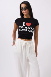 Embroidery Detail Printed Crop Black T-Shirt