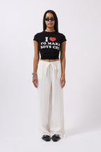 Embroidery Detail Printed Crop Black T-Shirt