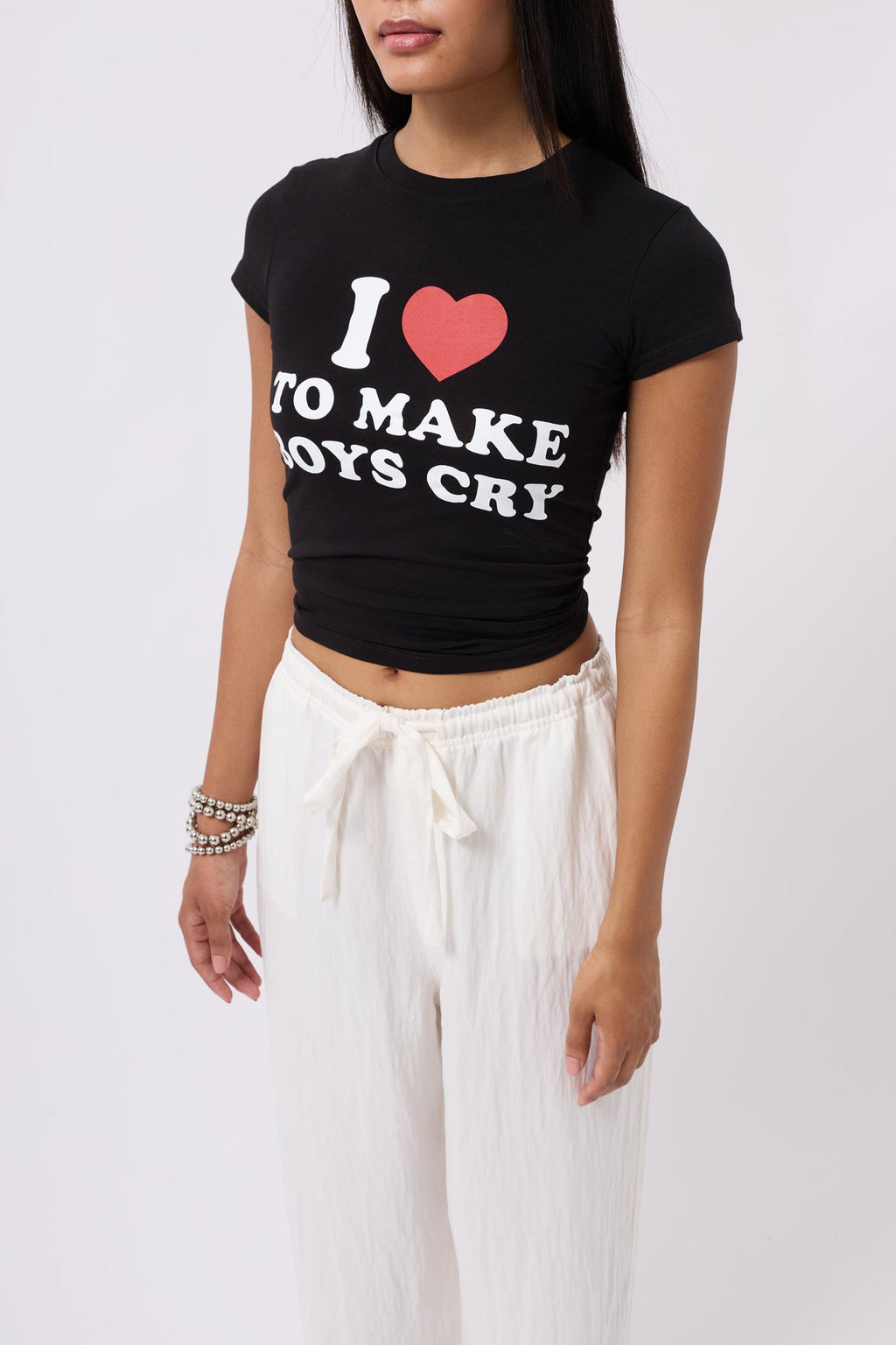 Embroidery Detail Printed Crop Black T-Shirt