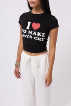 Embroidery Detail Printed Crop Black T-Shirt