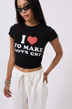 Embroidery Detail Printed Crop Black T-Shirt
