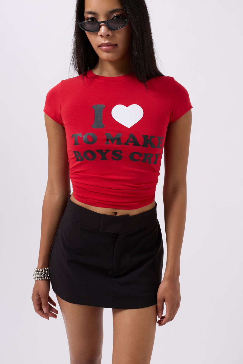 Embroidery Detail Printed Crop Red T-Shirt