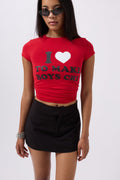 Embroidery Detail Printed Crop Red T-Shirt