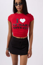 Embroidery Detail Printed Crop Red T-Shirt