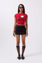 Embroidery Detail Printed Crop Red T-Shirt
