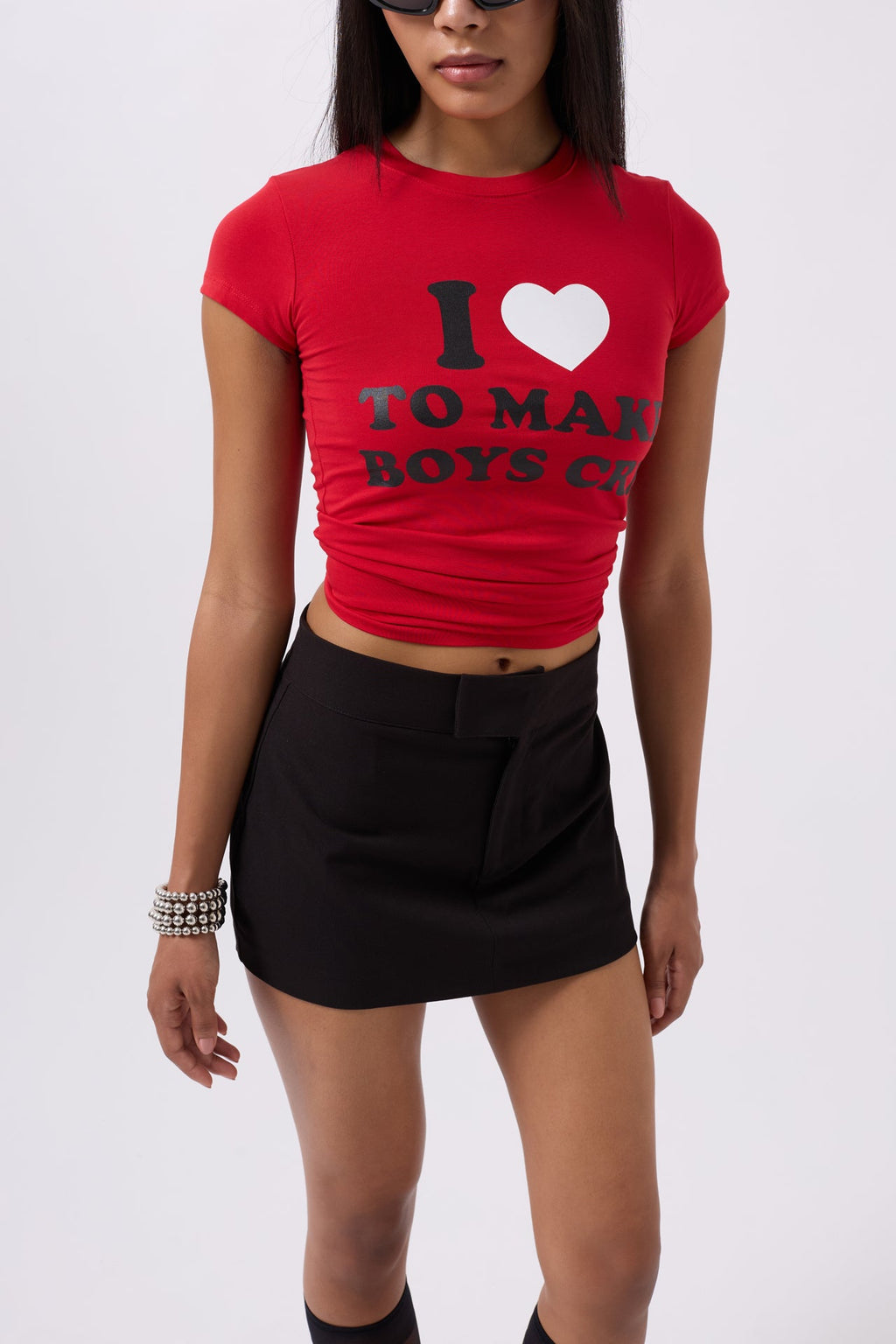 Embroidery Detail Printed Crop Red T-Shirt