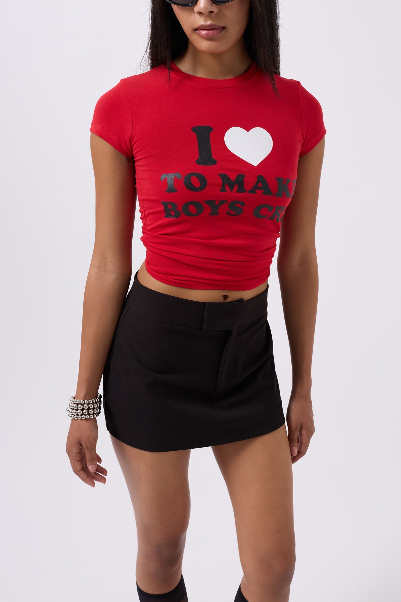 Embroidery Detail Printed Crop Red T-Shirt