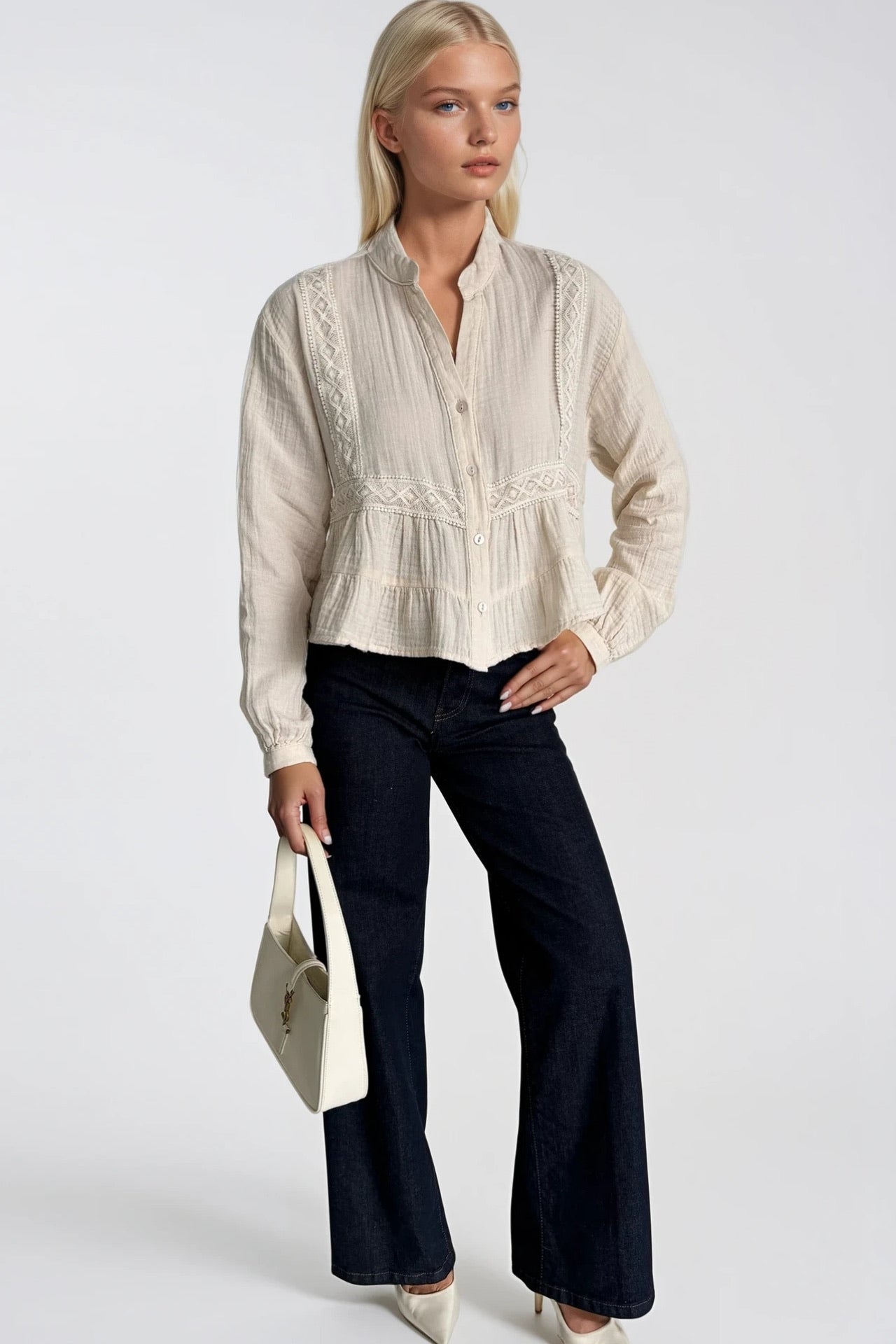Embroidery Detail Flounce Both Stone Blouse