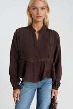 Embroidery Detail Flounce Both Brown Blouse