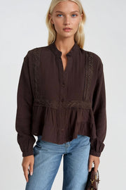 Brown Blouse with Embroidery Detail and Flounced Hem