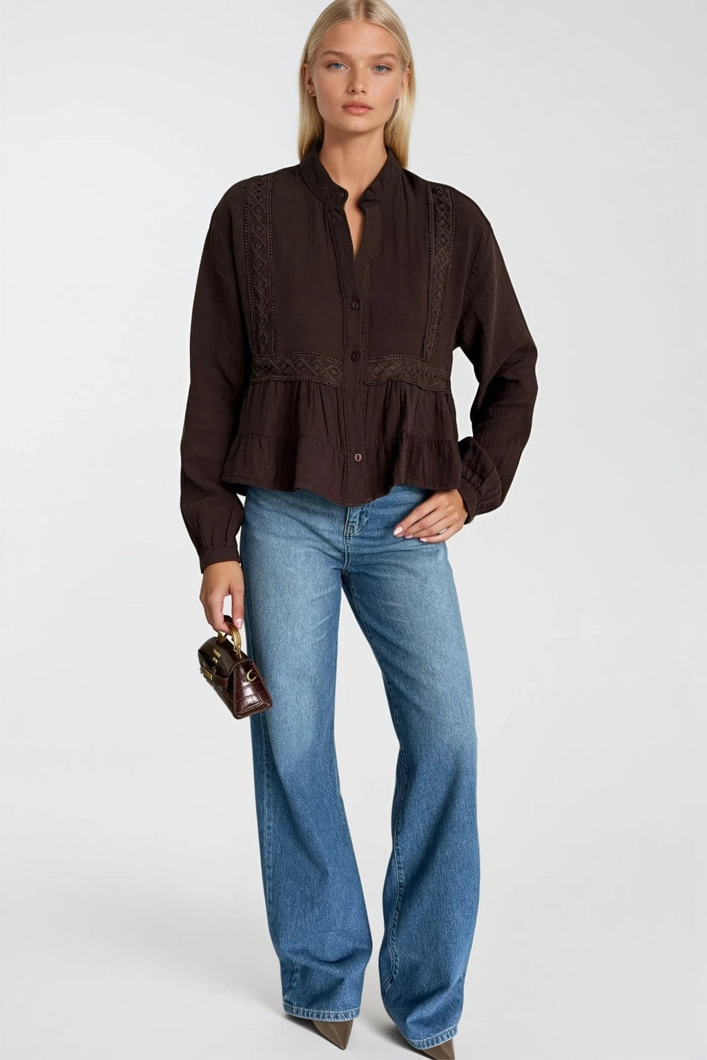 Embroidery Detail Flounce Both Brown Blouse