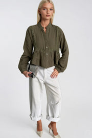 Khaki Blouse with Embroidered Detail Skirt and Ruffles