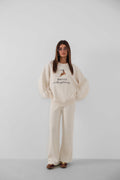 Embroidered Sweatshirter Pants Knit White Set